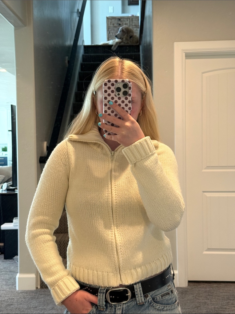 Brandy Melville Cream Zip-Up Knit Sweater